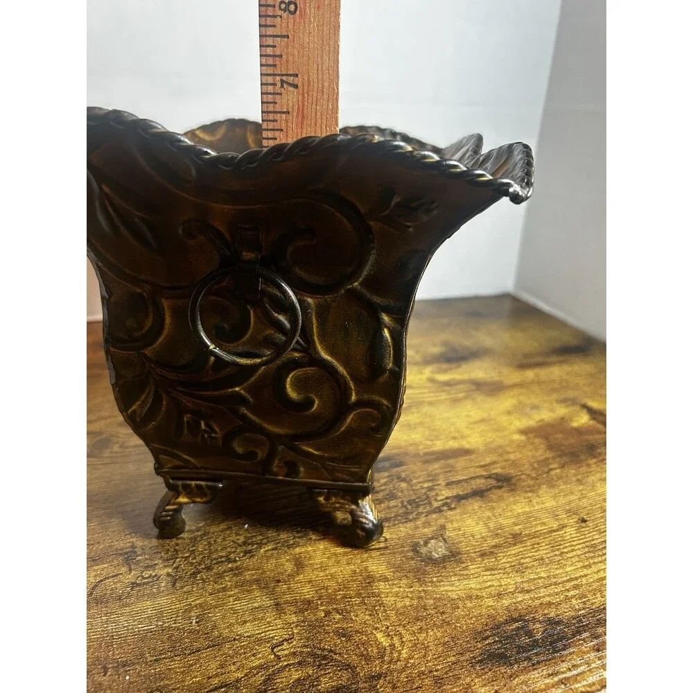 Vintage Embossed Metal Planter Bronze Floral Scroll Footed Cachepot Decor Accent